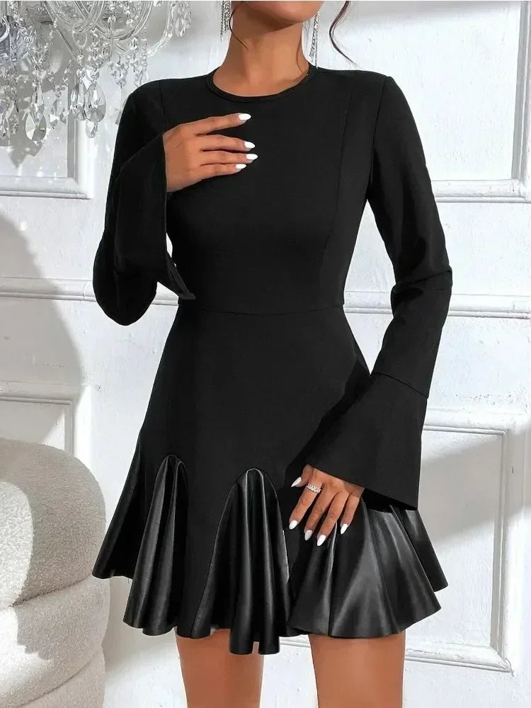 PU Leather Long Sleeve Patchwork Dress With High Collar