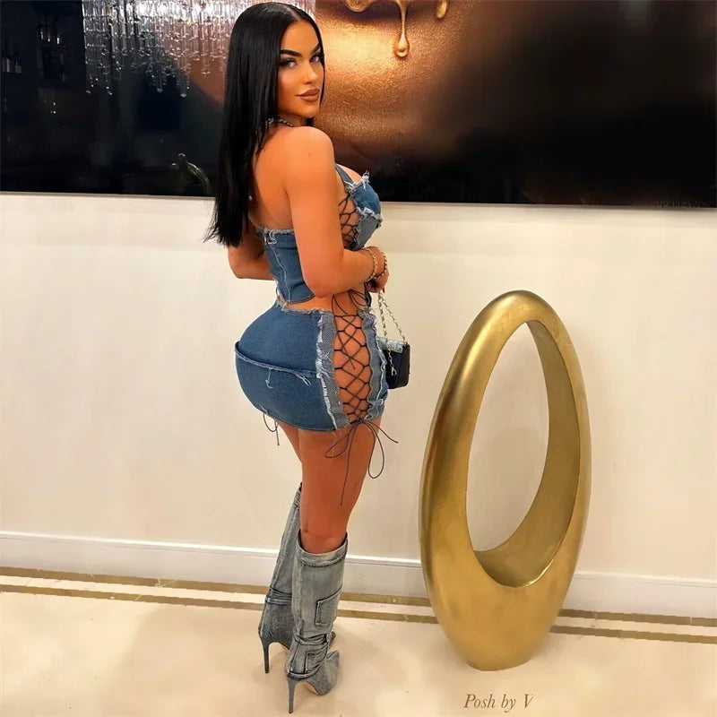 Sexy Denim Halter Lace-Up Crop Top and Mini Skirt Set Women Night Club Festival Y2K Inspired Two-Piece Outfit