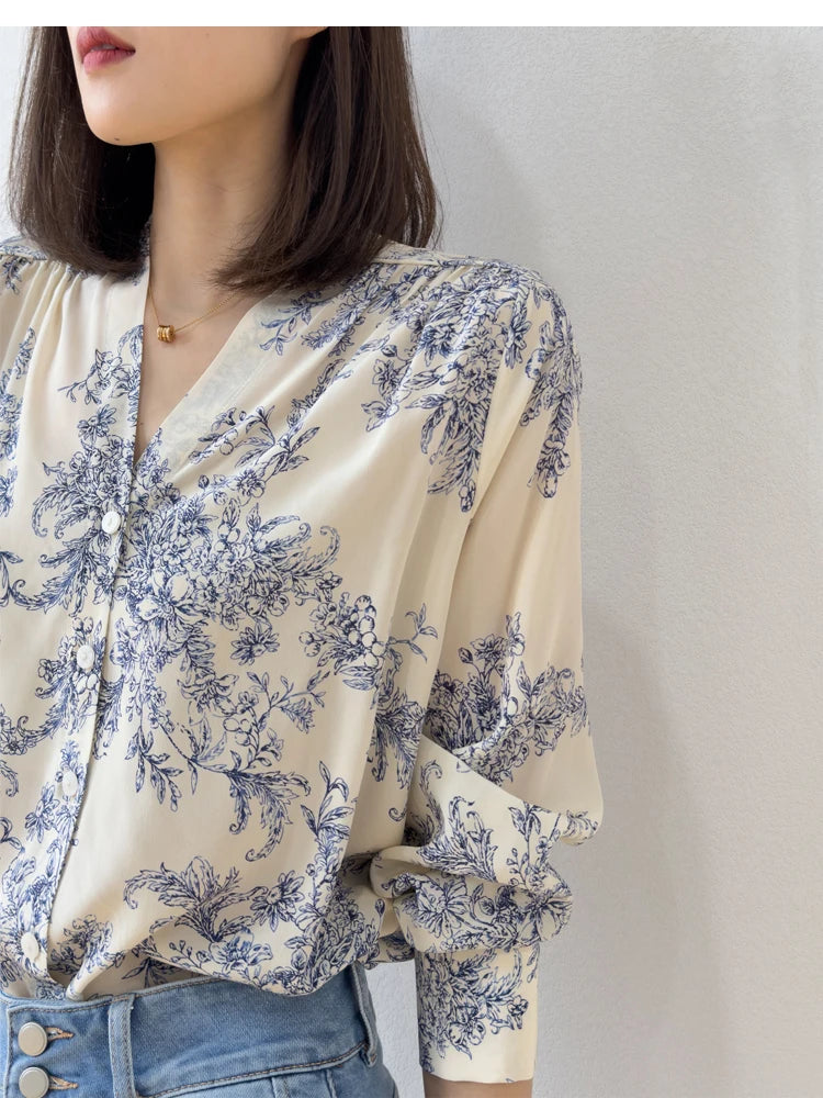 Women 100 Percent Mulberry Crepe Silk Shirt White Floral Button Down Long Sleeve Blouse Elegant Office Top M L XL