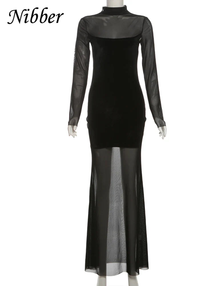 Mesh Patchwork Velvet Sheer Dress Long Sleeve Bodycon