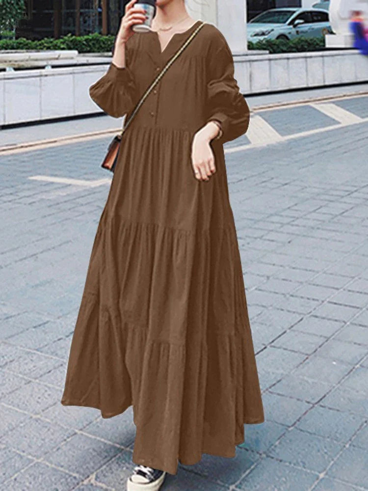 Womens Long Sleeve Swing Dress Cotton Hemp Casual Elegant
