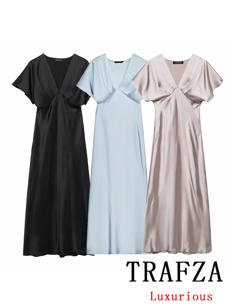 Satin V Neck Long Dress For Women Elegant Party Gown