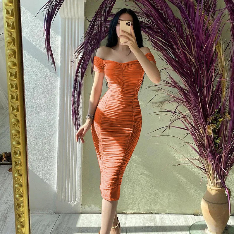 One Shoulder Pleated Dress in Solid Color for Summer