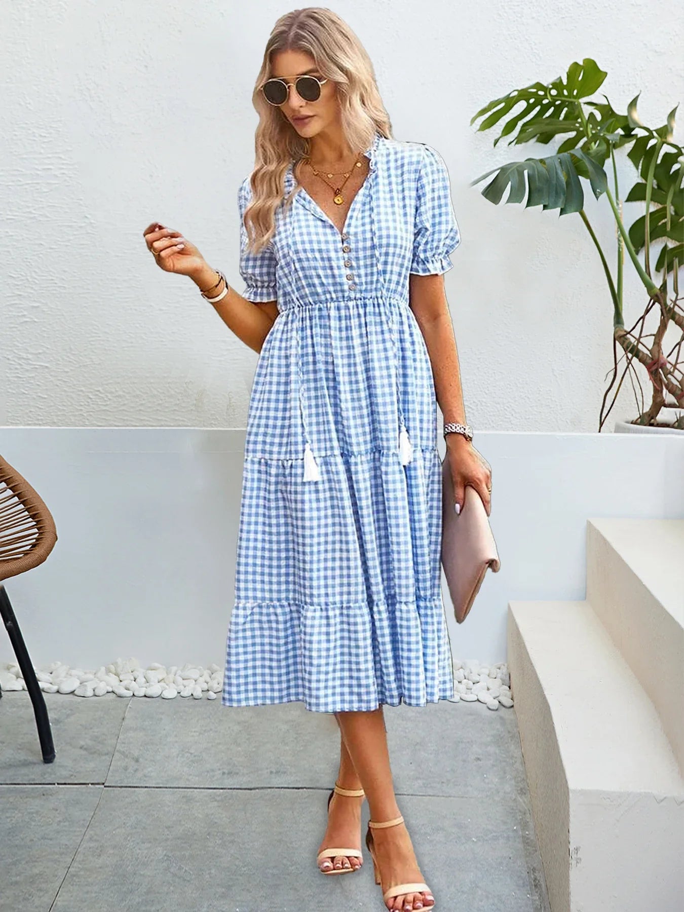 Plaid Short Sleeve Sundress A Line Tassel Elastic Waist
