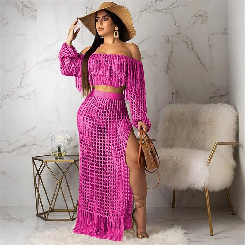 Fringed Tassel Two Piece Women's Beachwear Set Crochet Hollow Out See Through Crop Top and Long Skirt Vacation Outfit