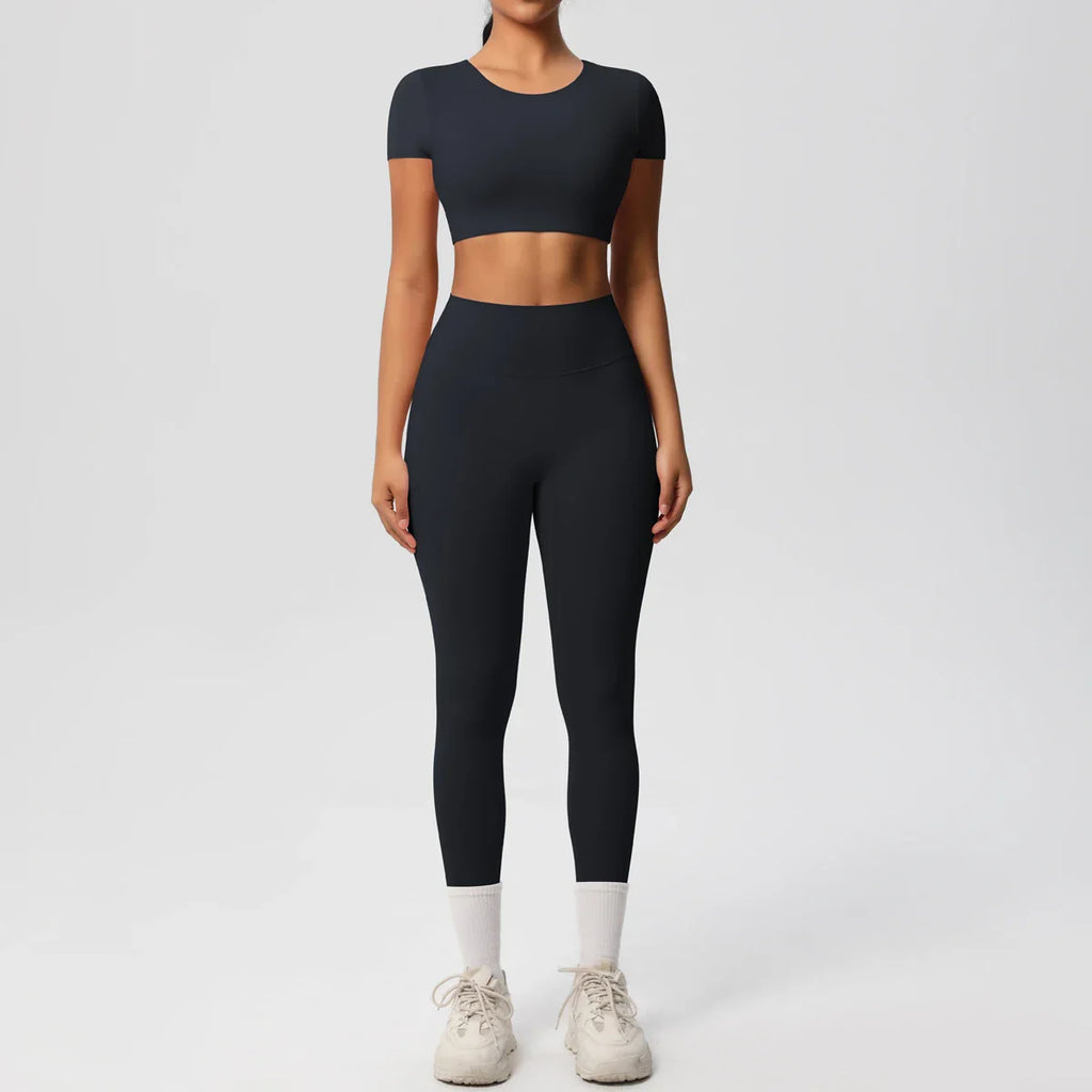 Yoga Set for Women Fitness Sportswear with Short Sleeve Top and High Waist Leggings