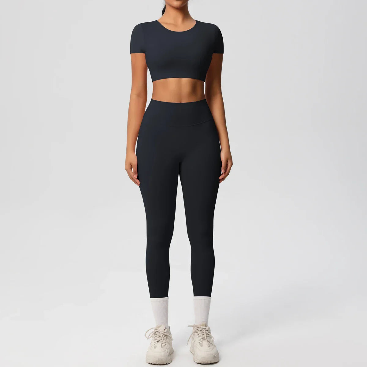 Yoga Set for Women Fitness Sportswear with Short Sleeve Top and High Waist Leggings