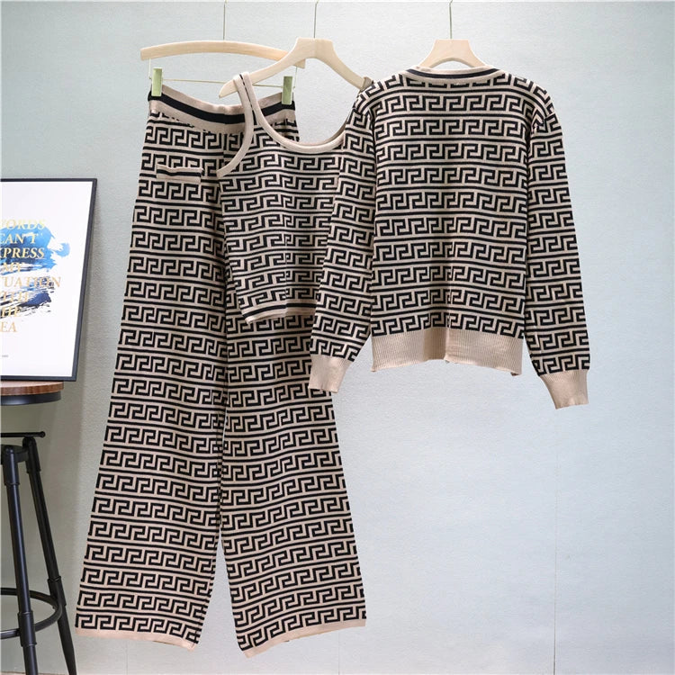 Elegant Casual Three-Piece Women's Fashion Houndstooth Printed Fitted Vest and Plaid Trousers Set for Spring and Autumn