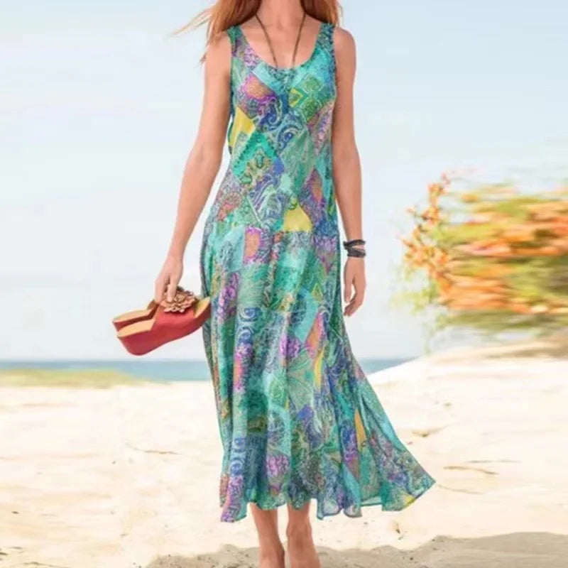 Boho Beach Dress With Print Tank Top For Summer Holiday