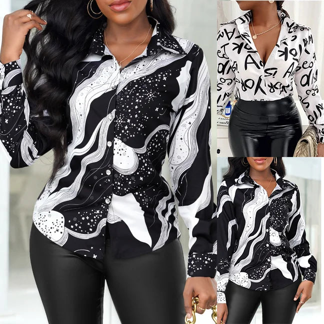 Women's Casual Letter Print Button Front Shirt Long Sleeve Lightweight Top for Spring and Fall