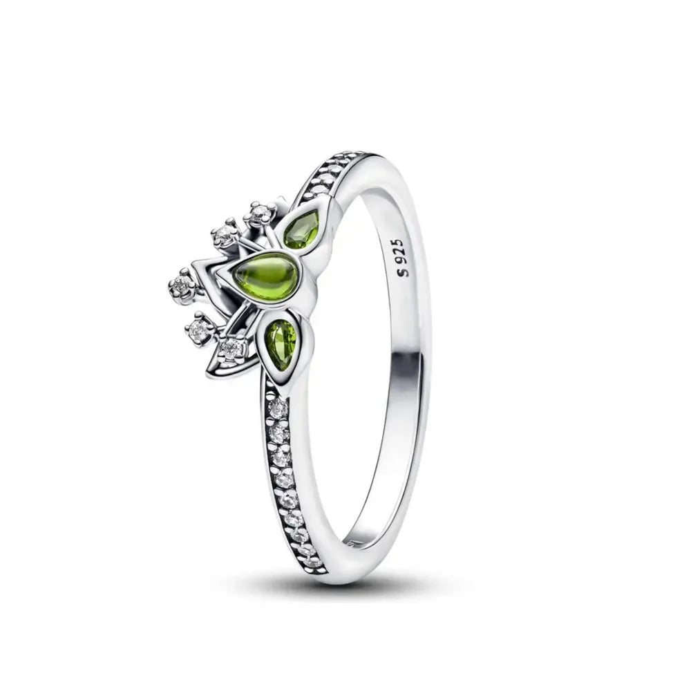 925 Sterling Silver Fashion Ring with Green Stone and Red Enamel Bow for Women Wedding Jewelry