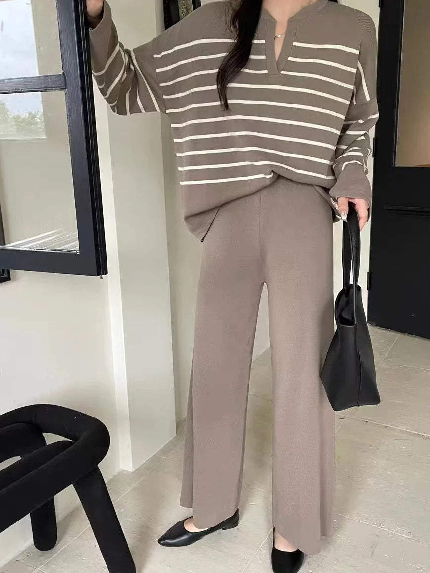 Women's Winter Sweater Set with Stripe Knit Pullover and Wide Leg Pants for Casual Elegance
