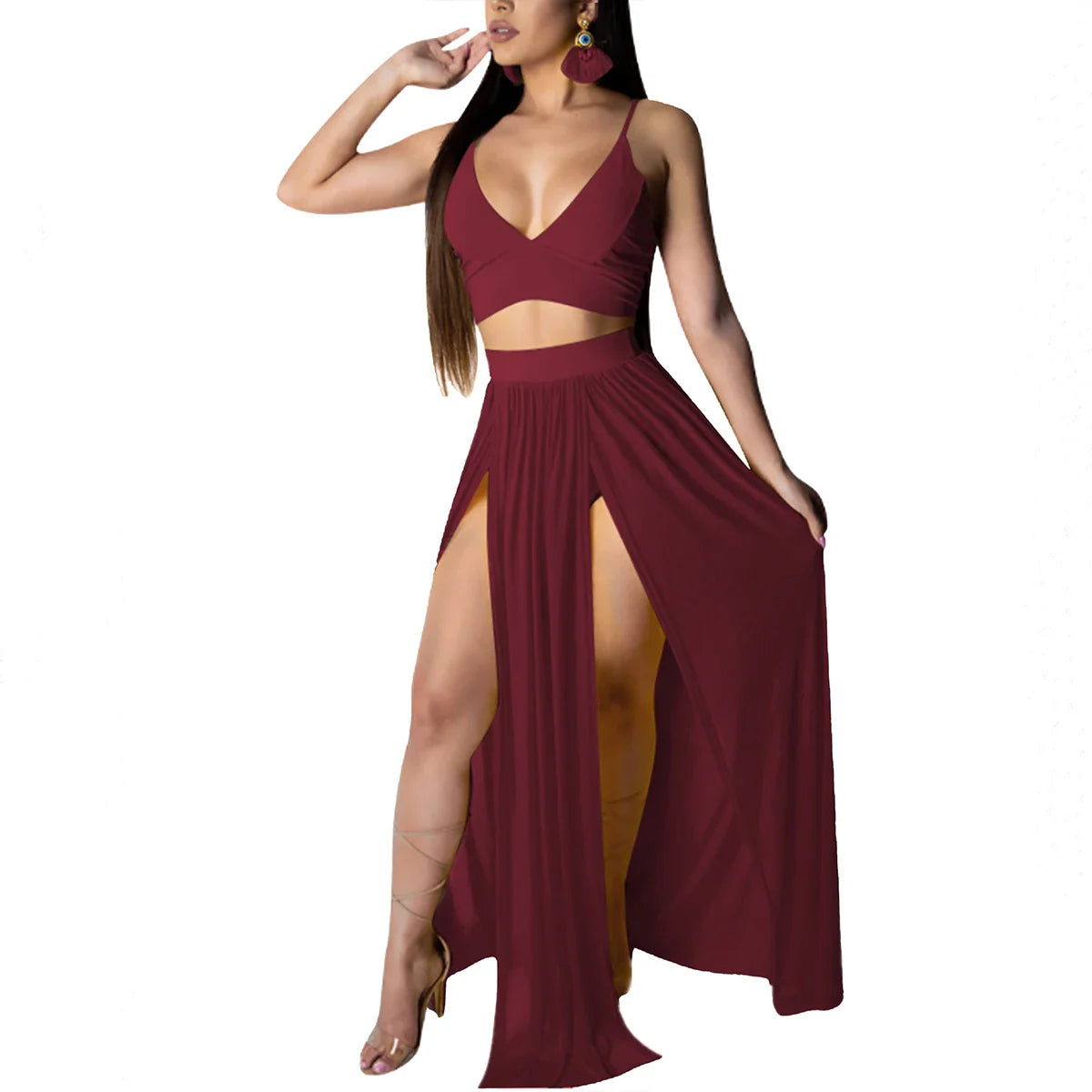 Sexy Two Piece Dress Set With Chiffon Straps V Neck