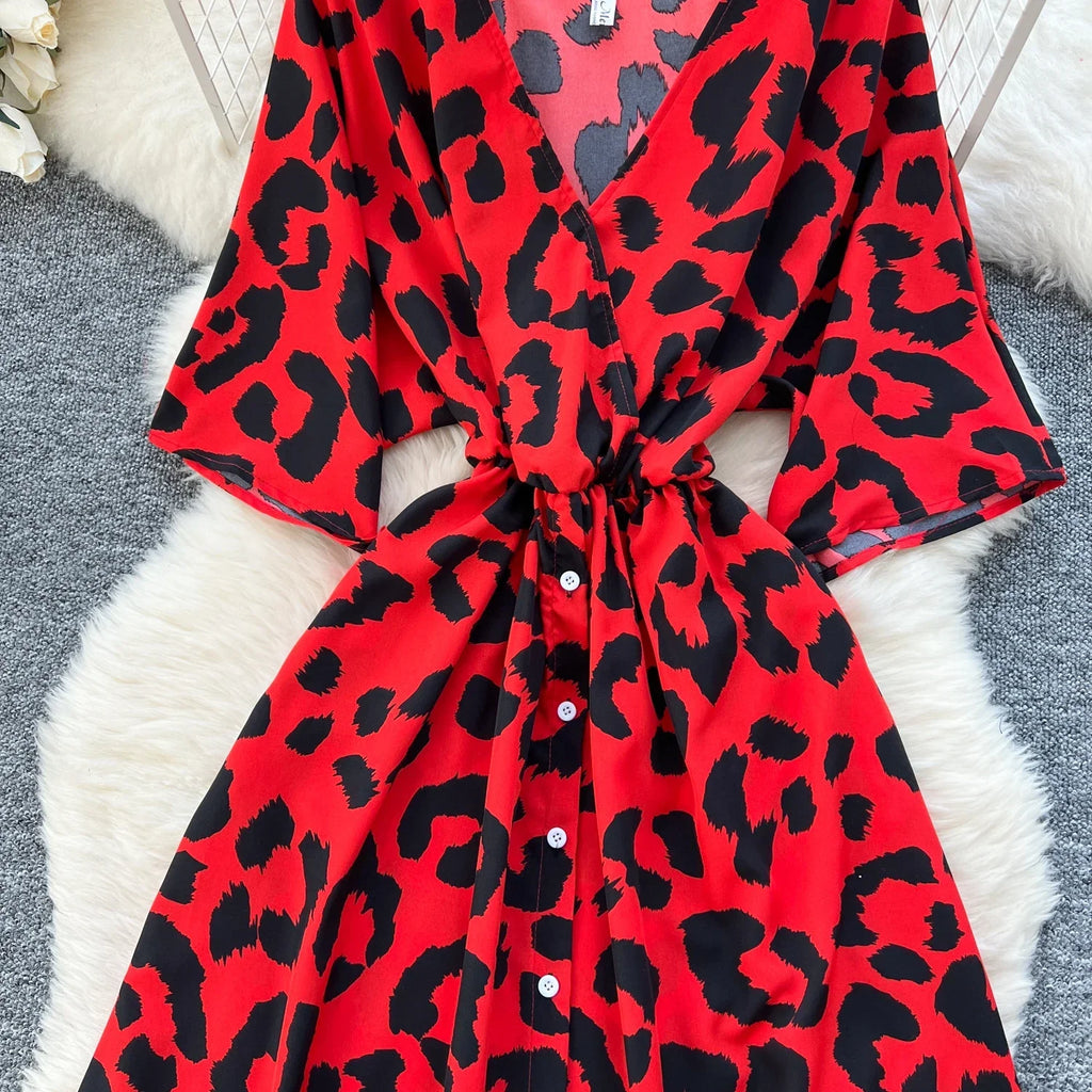 Ruched V Neck Office Dress Long Sleeve For Women Red