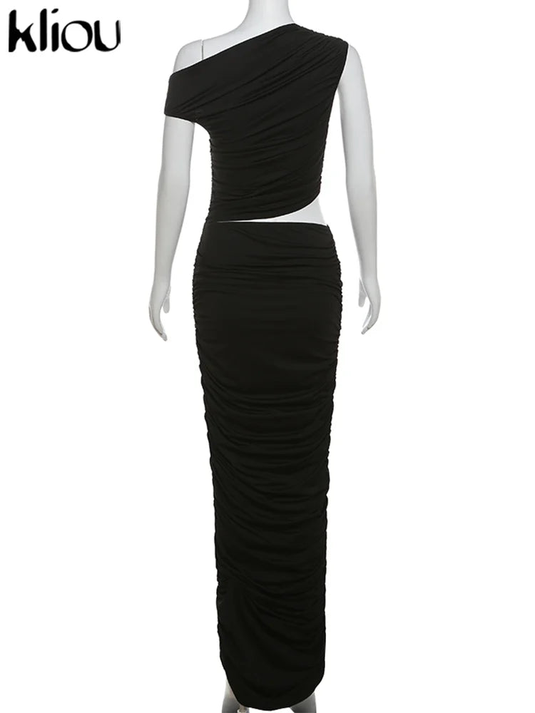 Summer Solid Color Pleated Oblique Shoulder Dress for Women