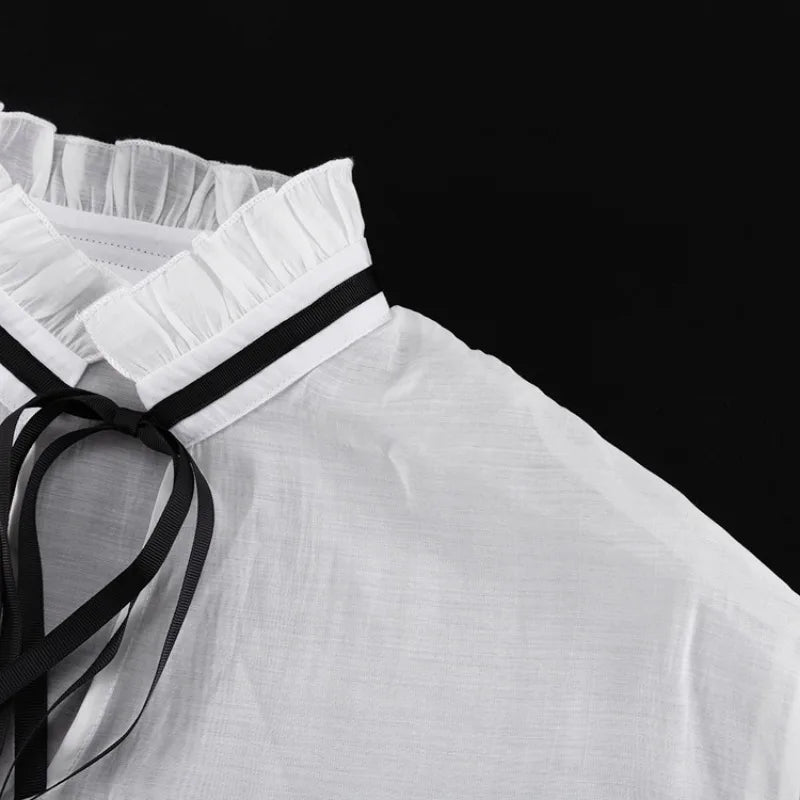 Sexy Loose White Women's Shirt With Ruffles Long Sleeve Sheer Elegant Blouse Stylish Transparent Top