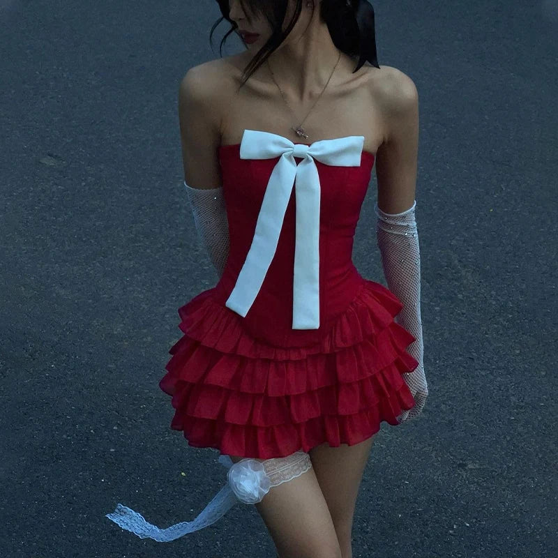 Y2K Bow Applique Mesh Pleated Mini Dress Strapless Backless