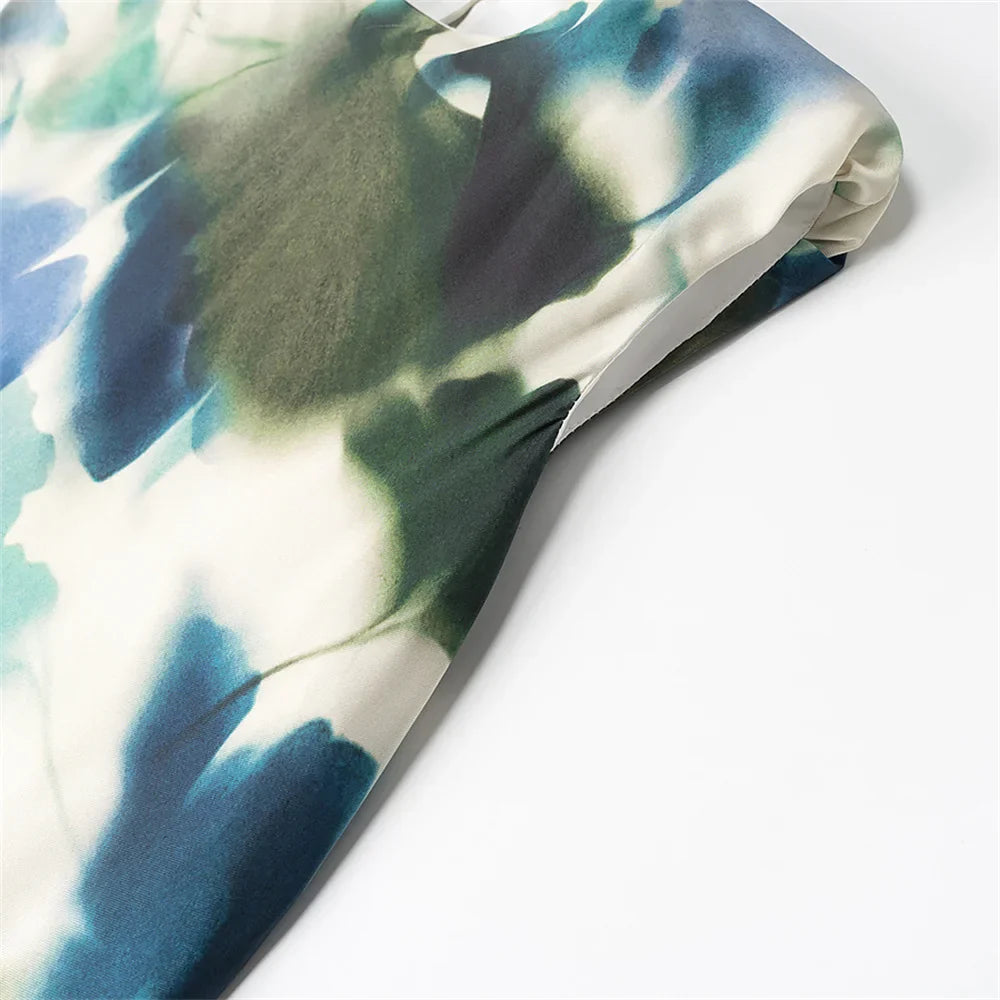 Silk Texture Printed Midi Dress Sleeveless Slim Fit