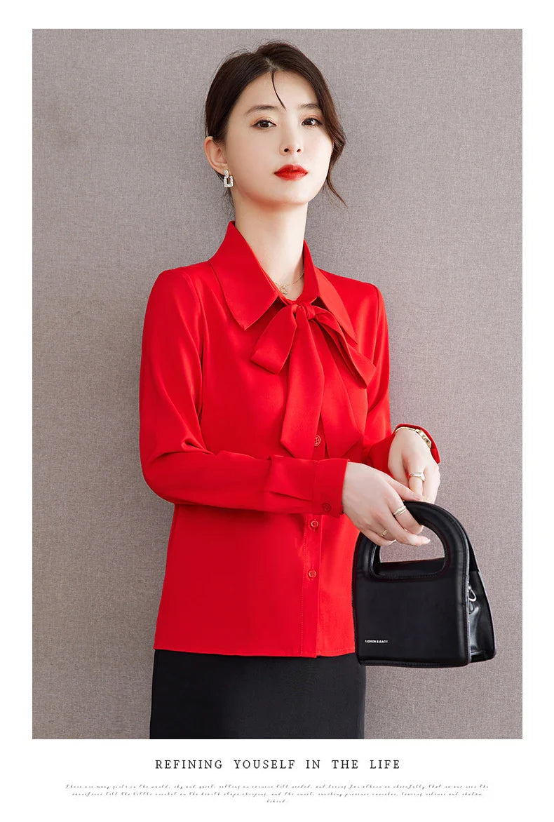 Elegant Bow Tie Ribbon Blouse for Women Lace Up Temperament Shirt Stylish Spring and Autumn Top