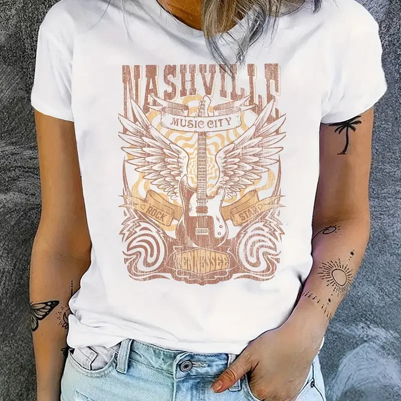 Country Music T-Shirt Short Sleeve Crew Neck Casual Top for Women Comfortable Retro Design