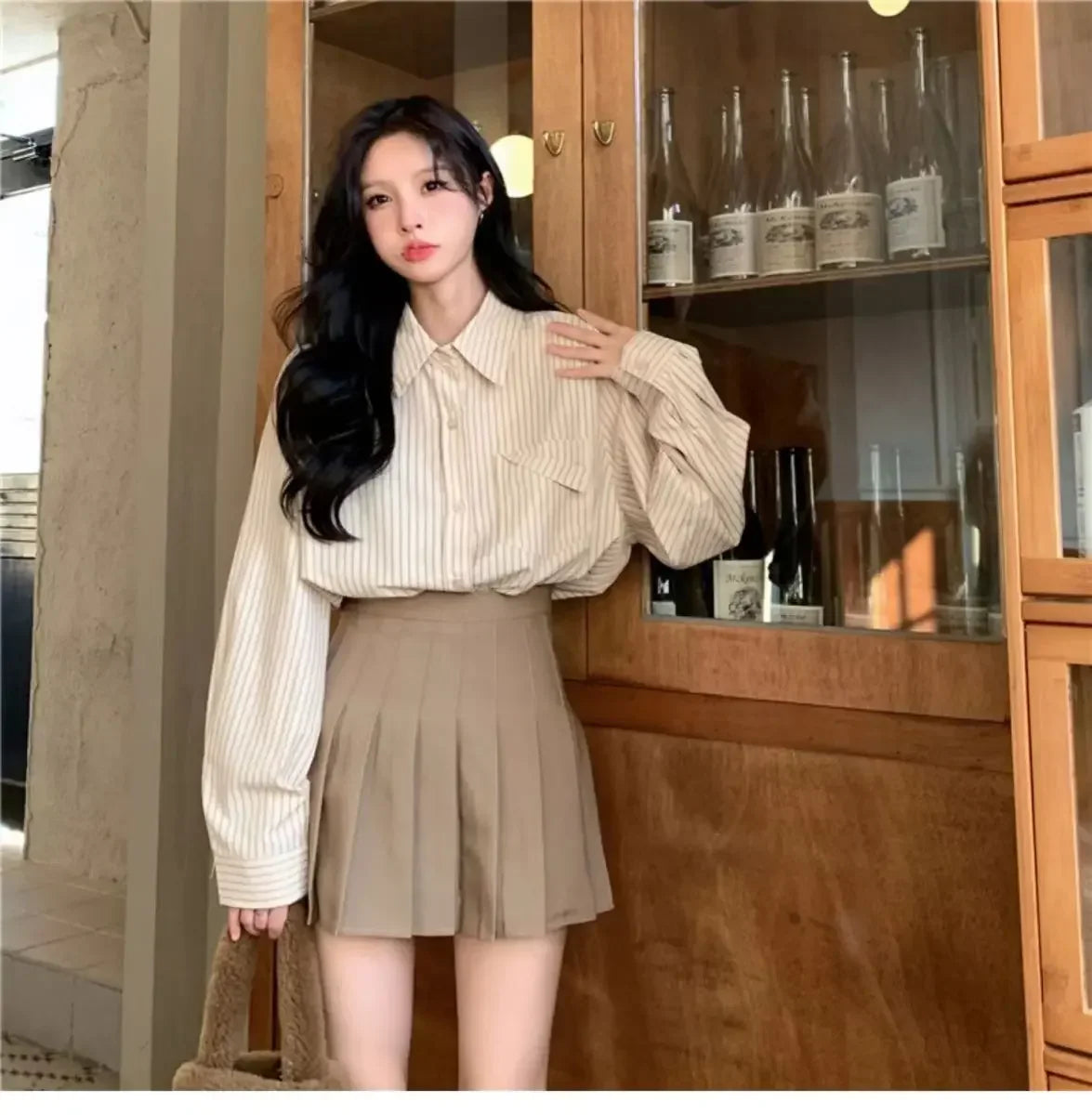 Loose Blue Striped Long Sleeve Blouse with Pocket Casual Versatile Shirt for Women