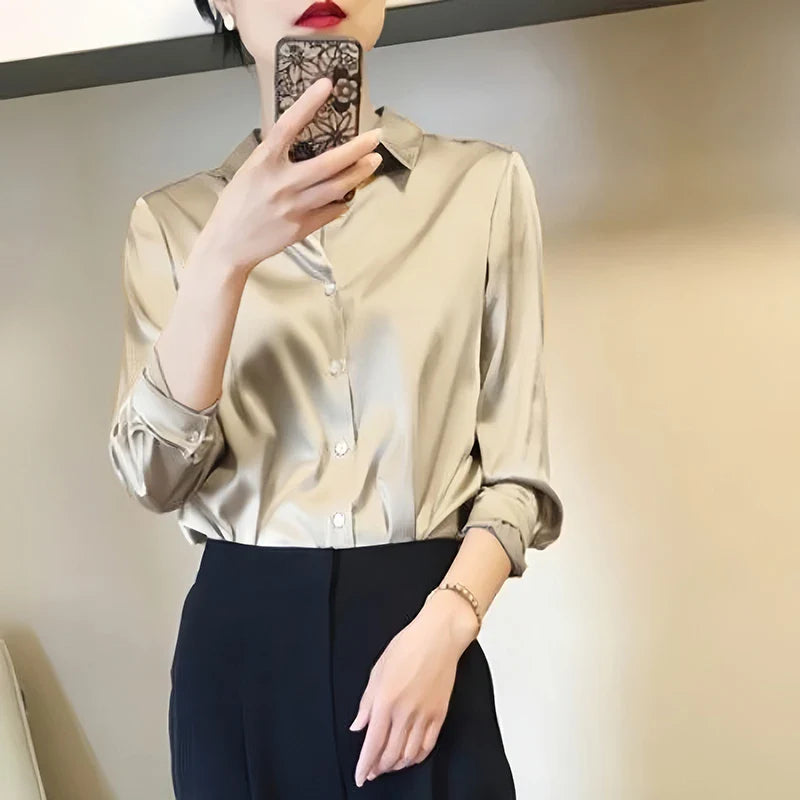 Satin Finish All-Match Blouse for Women Long Sleeve Casual Elegant Button Down Shirt Solid Color French Style Office Top