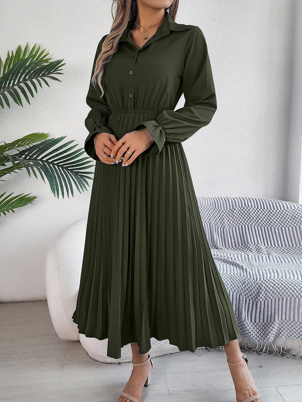 Solid Color Polo Neck Pleated Long Sleeve Dress For Women