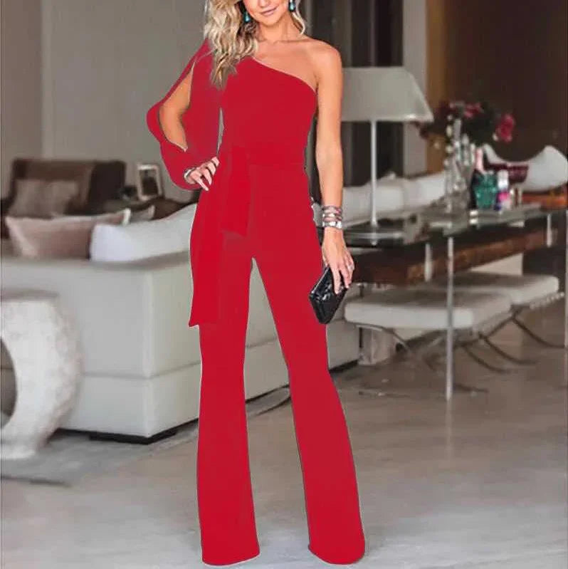 Women's High Waist Tie-Up Slim Fit Solid Color Jumpsuit with Slant Shoulder Elegant Design for Banquet and Evening Wear
