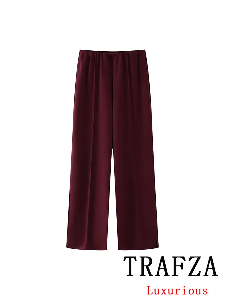 Casual Chic Red Women Elastic Suit with Long Sleeve O Neck Slim Top and High Waist Wide Leg Pants Fashion Set