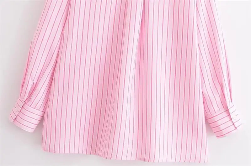 Chic Pink Striped Loose Fit Long Sleeve Blouse for Women Elegant Casual Street Style Shirt
