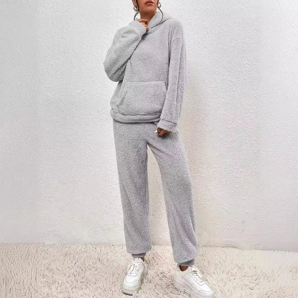 Autumn Winter Women Casual Hooded Sweatshirt and Plush Leg Pants 2 Piece Set Warm Furry Outfit