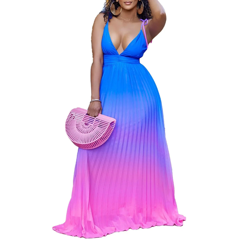Maxi Dress Spaghetti Strap Pleated Deep V Neck Party