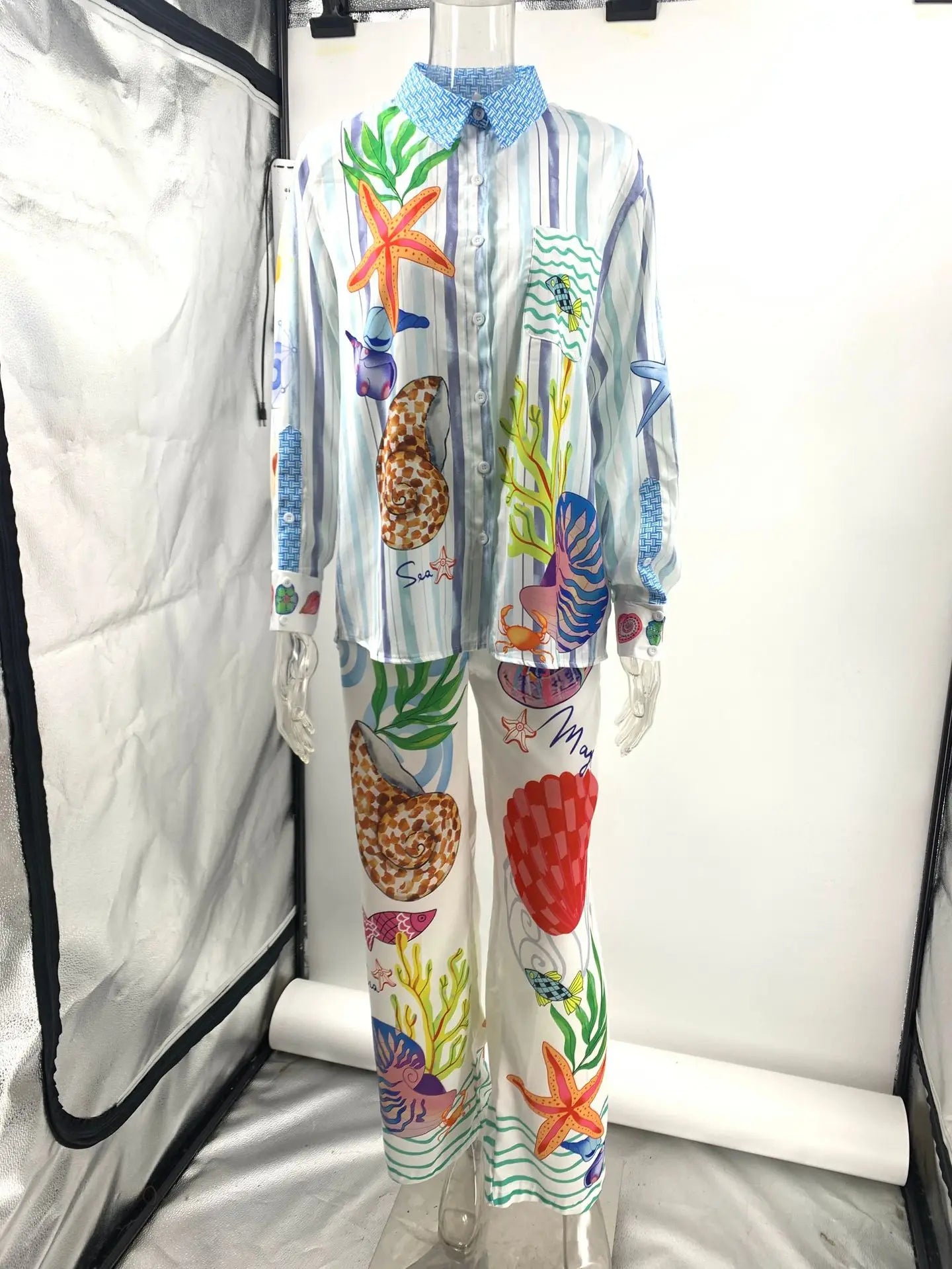 Bohemian Satin Print Two Piece Set for Women with Casual Long Sleeve Shirt and Wide Leg Pants Perfect for Summer Beach Outfits