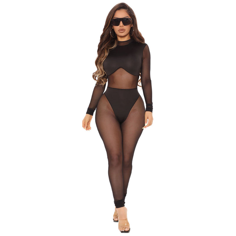 Sexy Black Transparent Mesh Jumpsuit for Women Elastic See-Through Bodysuit One-Piece Nightclub Outfit