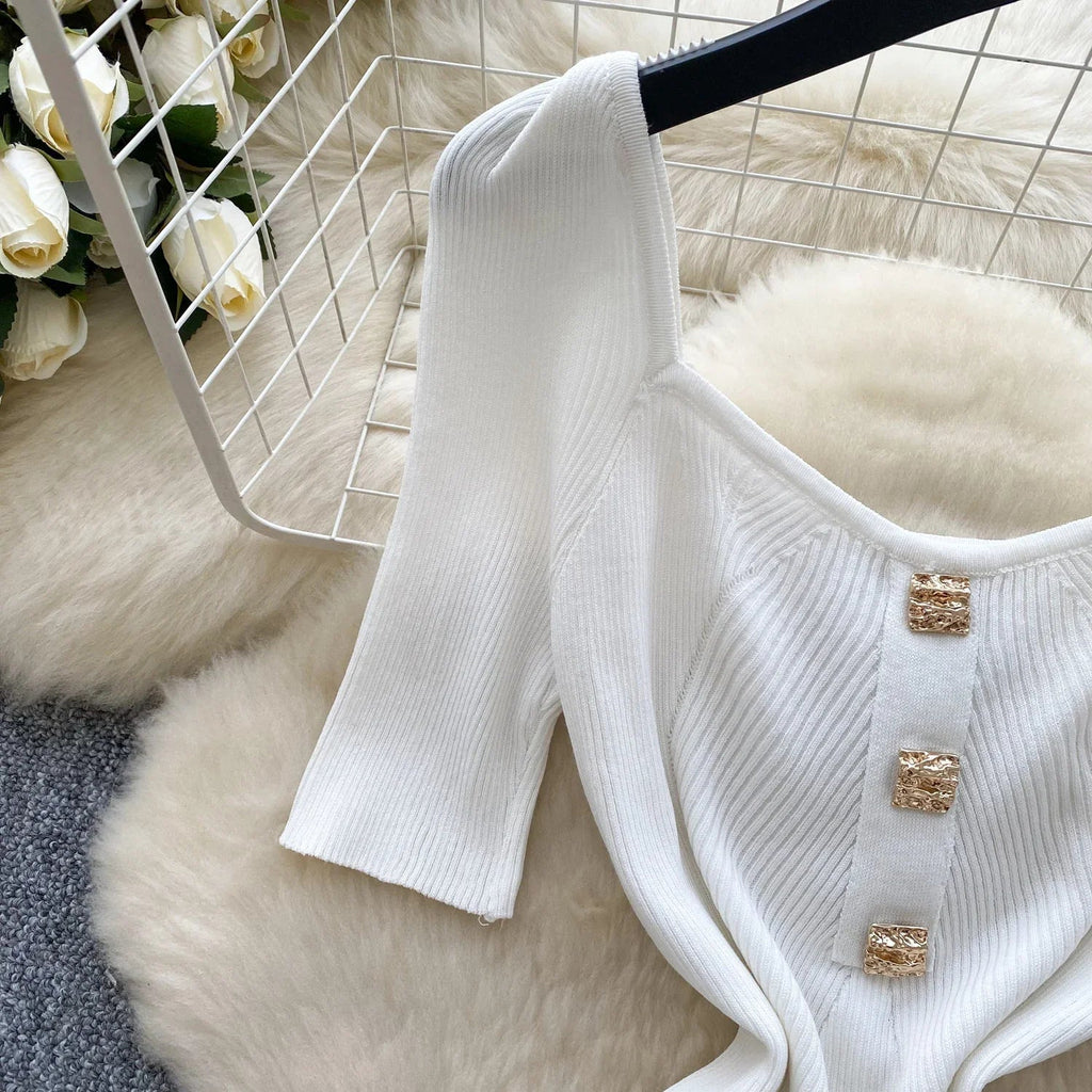 Women Square Collar Knit Dress Short Sleeve Wrap Sheath