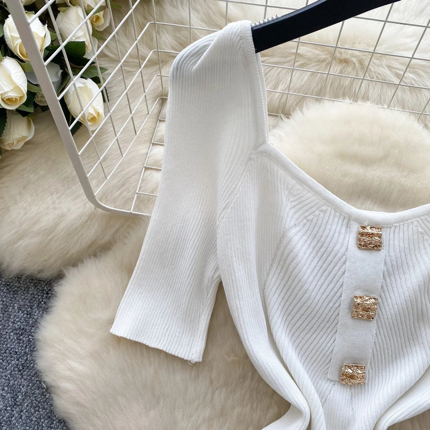 Women Square Collar Knit Dress Short Sleeve Wrap Sheath