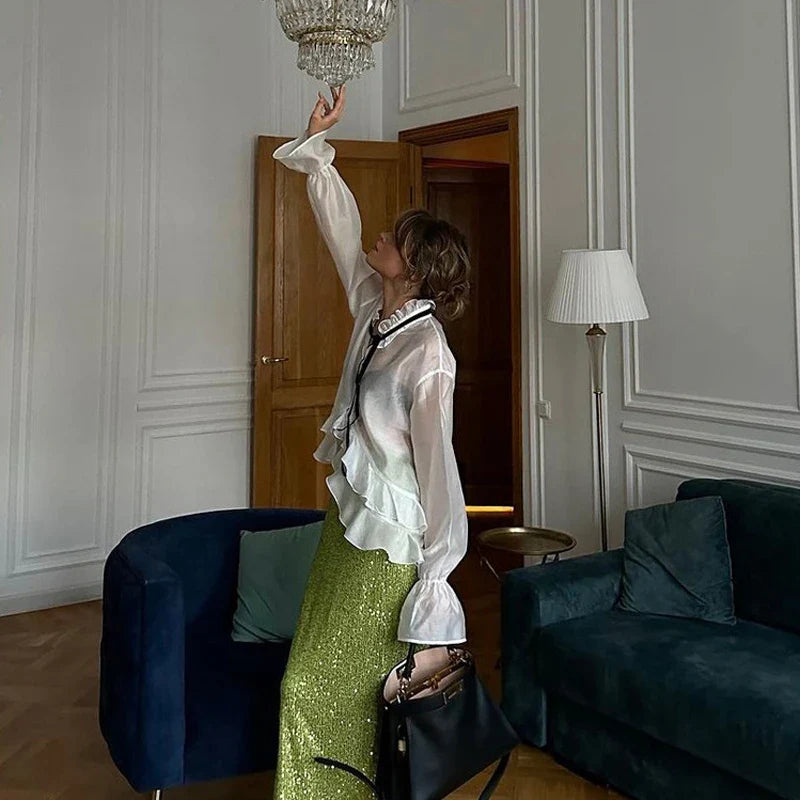 Sexy Loose White Women's Shirt With Ruffles Long Sleeve Sheer Elegant Blouse Stylish Transparent Top