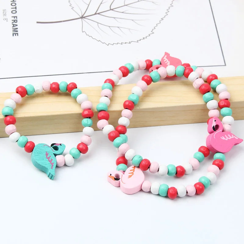 Colorful Cartoon Unicorn Wooden Jewelry Set for Kids Necklace and Bracelet Gifts