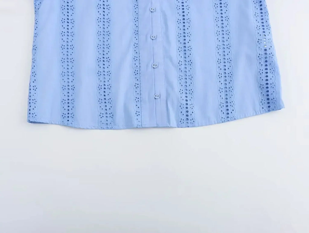 Loose Lace-Up White Shirt for Women Elegant Hollow Out Embroidered Puff Sleeve Cropped Top