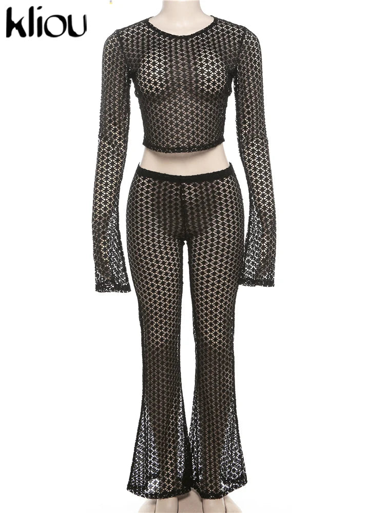 Sexy Coquette 2 Piece Set Sheer Long Sleeve Slim Top and High Waist Flare Pants Nightclub Outfit