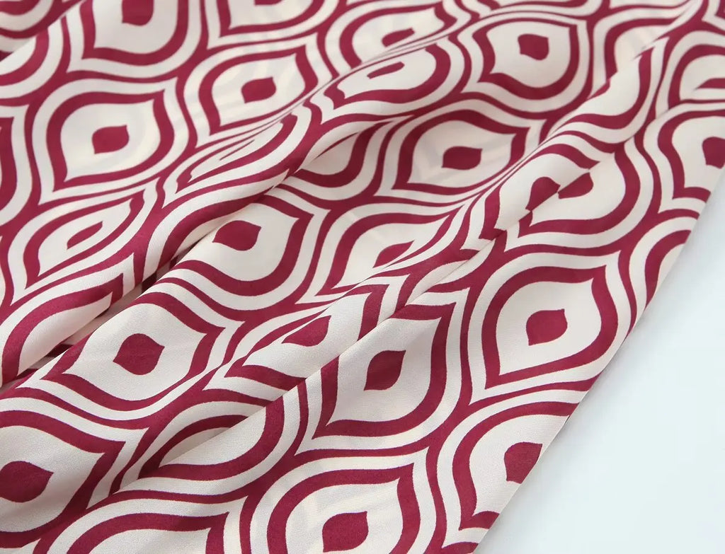 Women's Geometric Print Satin Effect Shirt with Lapel Collar Long Sleeve Single Breasted Slim Fit Chic Top for Spring and Summer