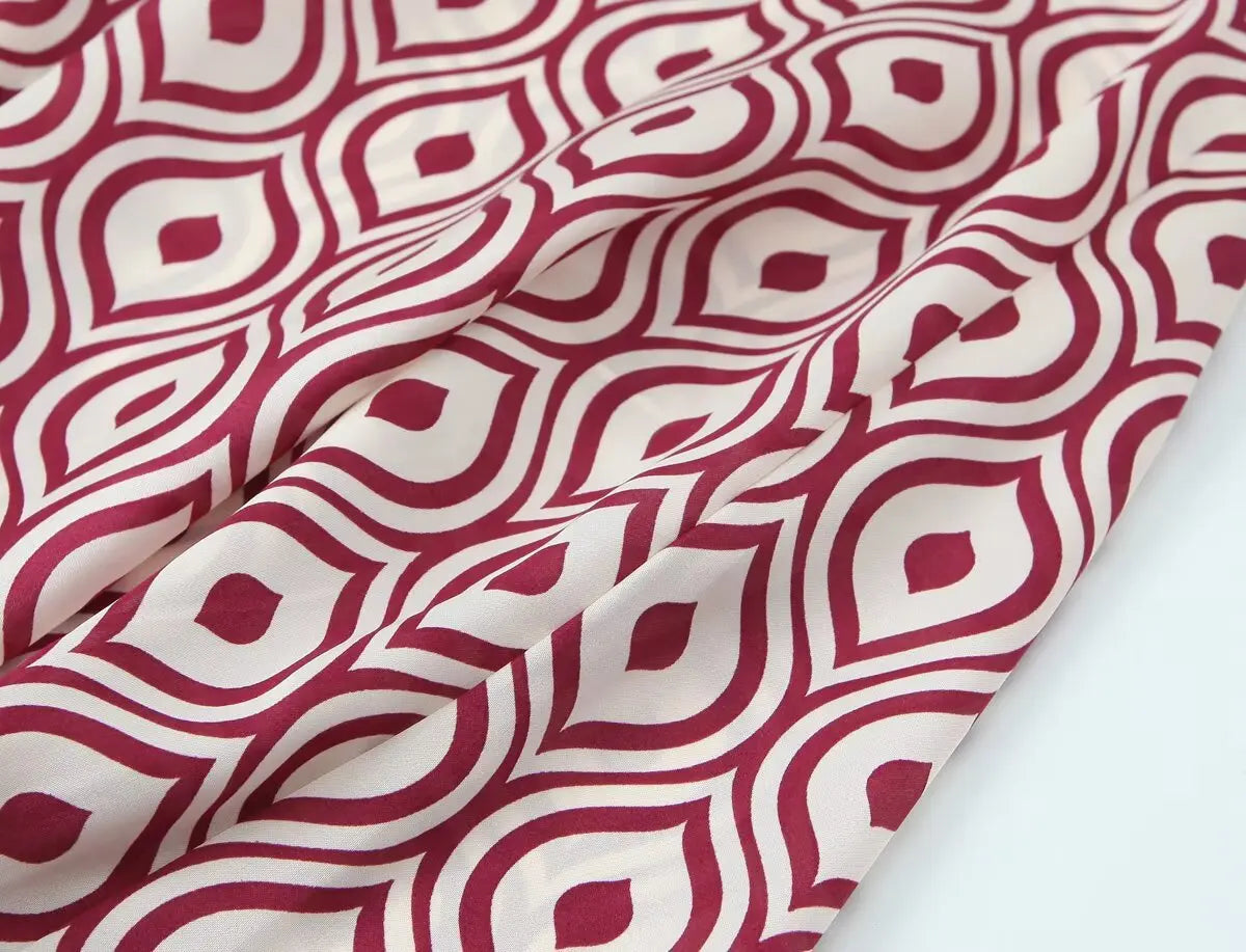 Women's Geometric Print Satin Effect Shirt with Lapel Collar Long Sleeve Single Breasted Slim Fit Chic Top for Spring and Summer