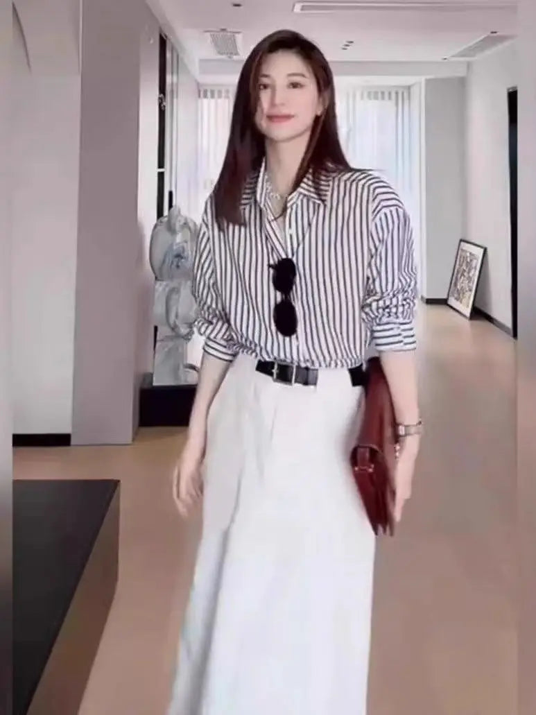 Elegant Black Striped Blouse for Women Casual Long-Sleeve Office Shirt Sophisticated Temperament Top for Ladies