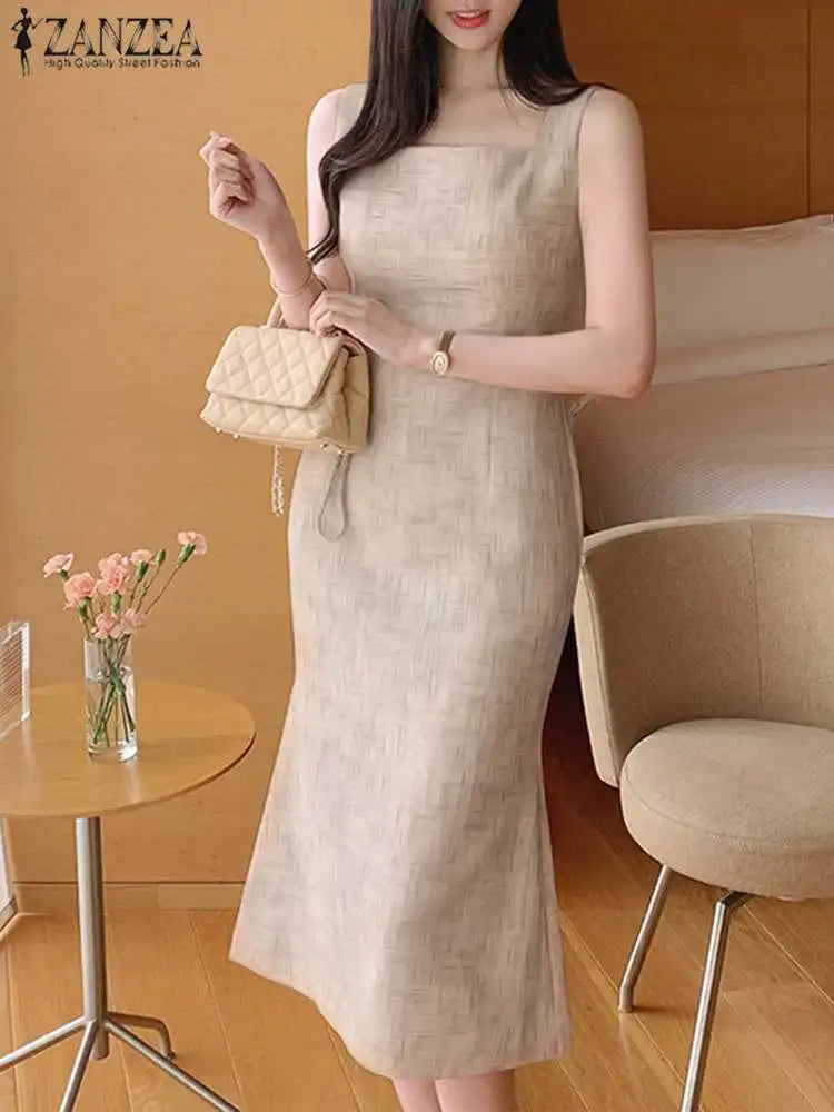 Elegant Sleeveless Square Neck Mermaid Midi Dress for Women