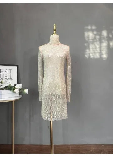 Rhinestone High Neck Glitter Party Dress Mid Length