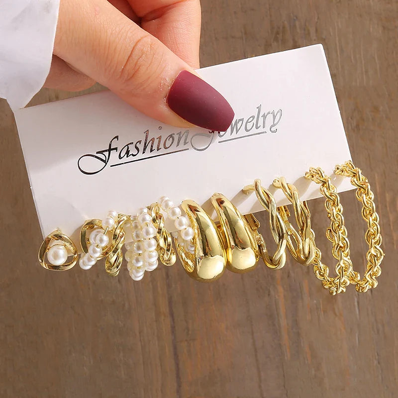 Gold Vintage Pearl Geometry Earrings Set for Women - Simple Trendy Dangle Jewelry