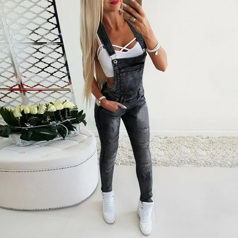 Casual Denim Jumpsuit for Women Strappy Off Shoulder Ripped Boyfriend Jeans Overalls Summer Long Pants Rompers Stylish Ladies Jumpsuit