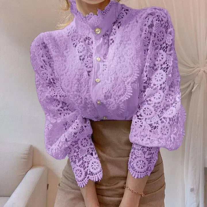 Women's Spring Summer Hollow Out Lace Blouse with Chic Button Detail Vintage Stand Collar Long Puff Sleeve Top