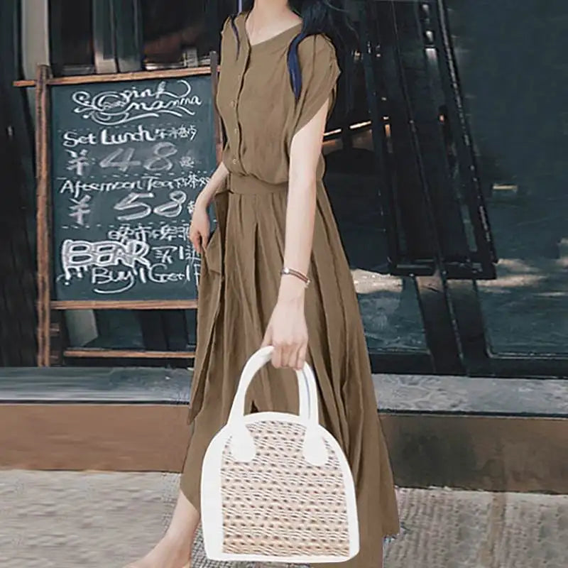 Women Belted Midi Sundress Short Sleeve Summer Dress