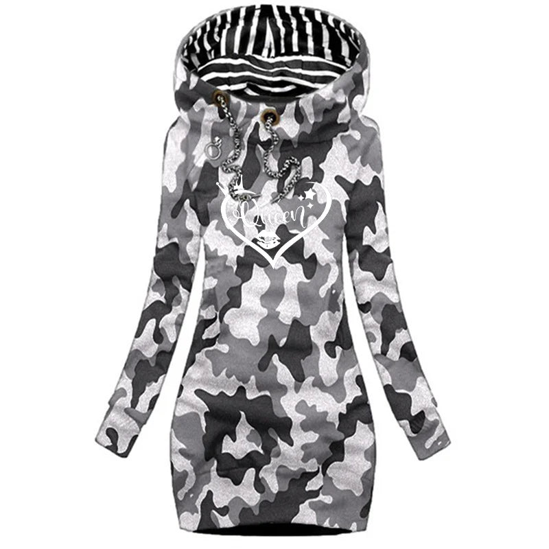 Queen Printed Hoodie Sweater Dress For Women Long Sleeve